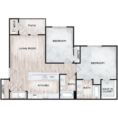 Floor plan for 2 beds, 2 baths, 885 sqft